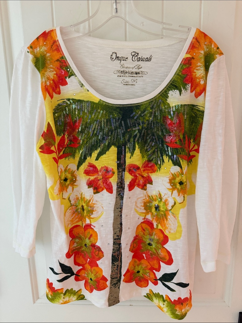 Onque Casuals White 3/4 Sleeve Tropical Palm & Floral Sequin Tee